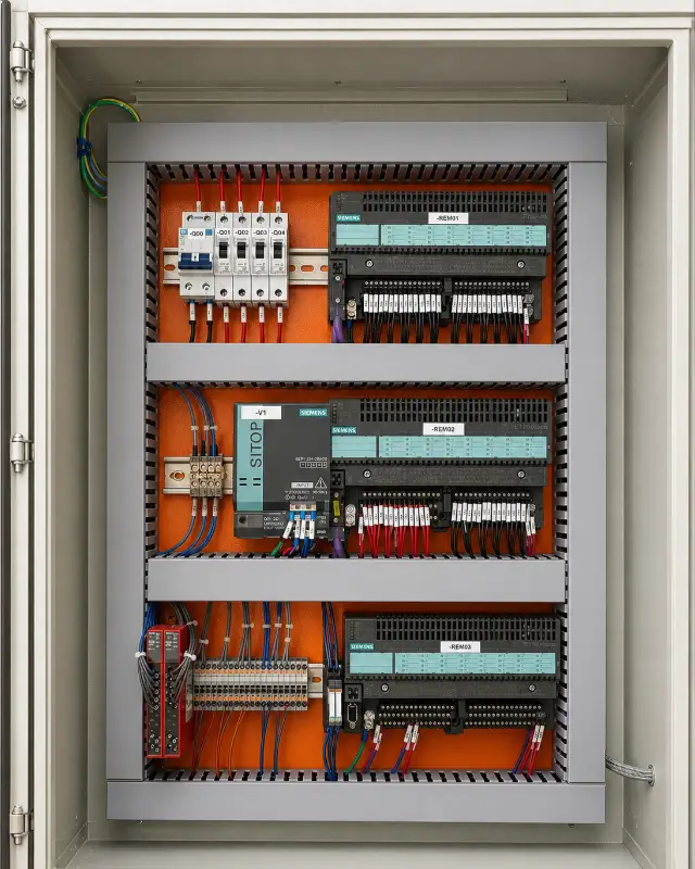Painel elétrico industrial aberto com CLP Siemens, fonte SITOP e bornes organizados — montagem completa AZ